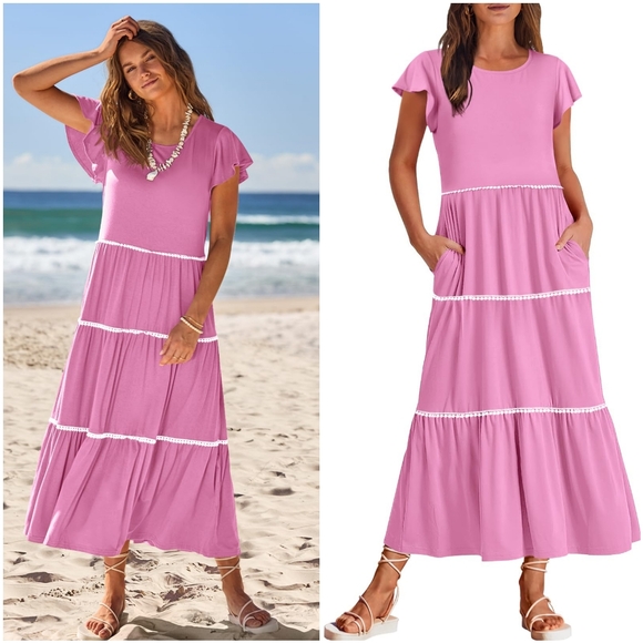 Merokeety Dresses & Skirts - NWT Merokeety Pink Flutter Sleeve Crochet Crew Flowy Tiered Shirt Dress Maxi M